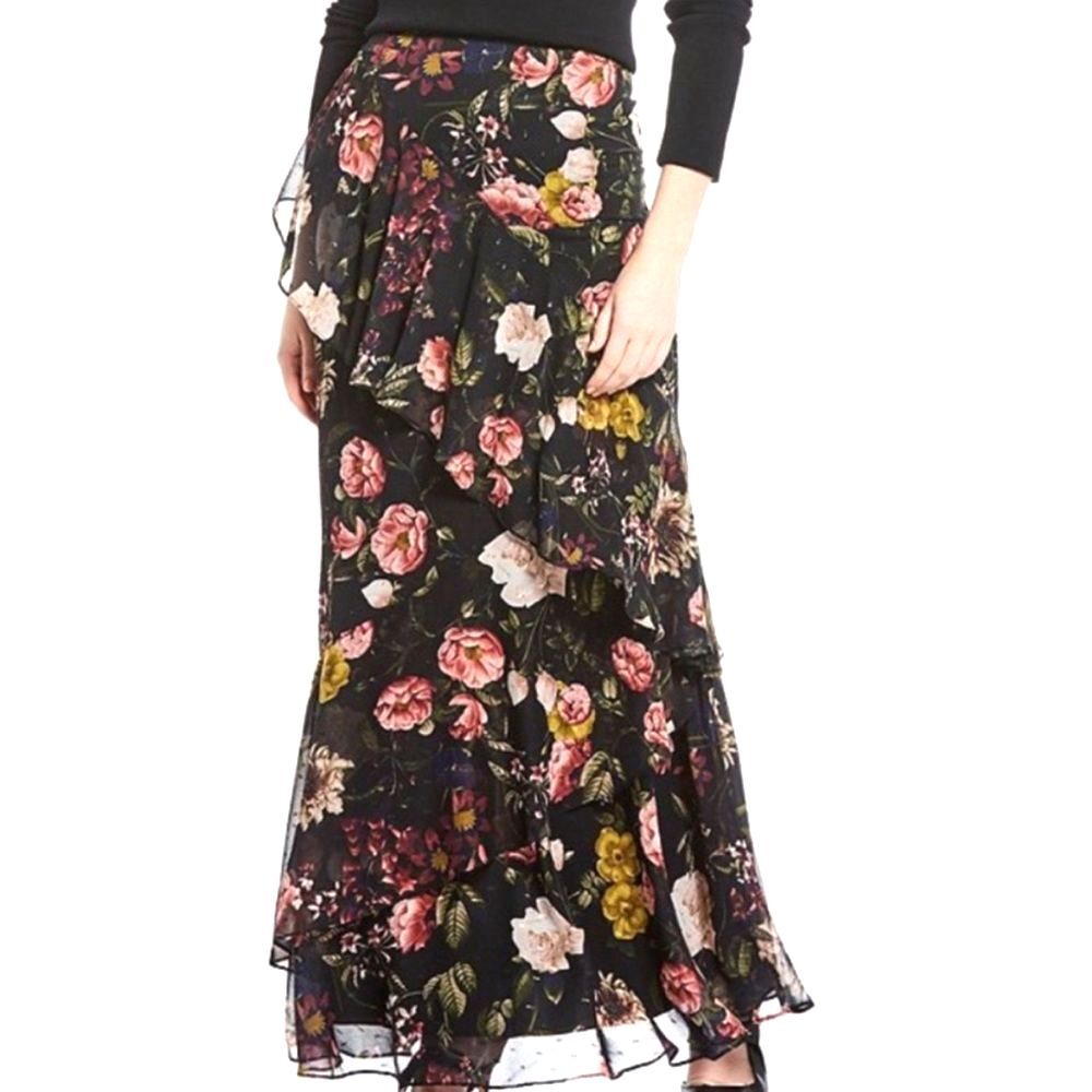 Eliza J Womens Whimsigoth Floral Maxi Skirt Sz 4 Asymmetric Dark Romantic Fairy